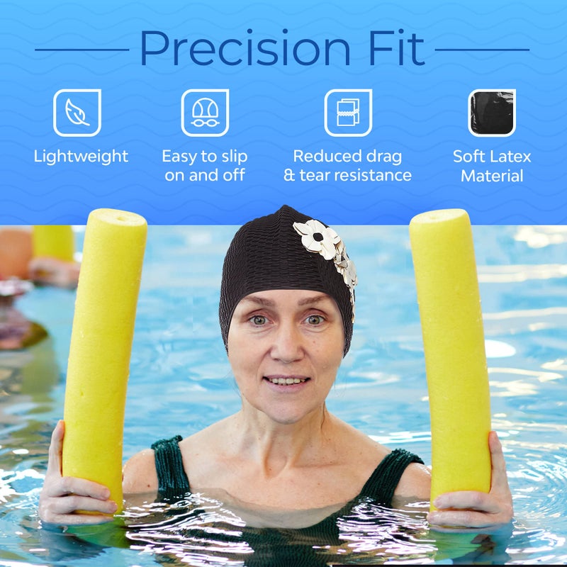 Beemo Latex Swimming Cap for Women, Swim Cap for Long Hair or Short Hair, Bath & Swim Caps to Shield Hair from Damage, Use as Large Shower Cap, Black Swimming Cap with White Flowers - Image 4